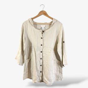 Soft Surroundings Linen Hooded Shirt PS Khaki Beige Button Front Safari Casual